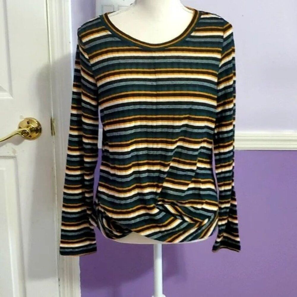 IN San Francisco Retro Dark Green Striped Soft Ribbed Knit Long Sleeve Sweater L